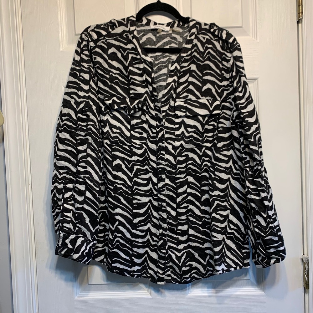 Calvin Klein Button Down Shirt XL Zebra Print Linen Long Sleeve Mob Wife Chic